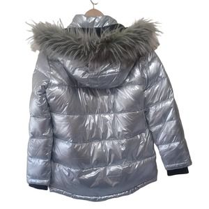DIESEL Girls Silver Metallic Puffer Removable Faux Fur Jacket Size 14